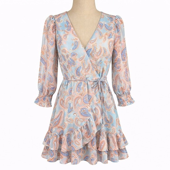 Unbranded Dresses & Skirts - Floral Fairy Smocked Mini Wrap Dress Size S Blue Paisley Ruffle Dainty Coquette